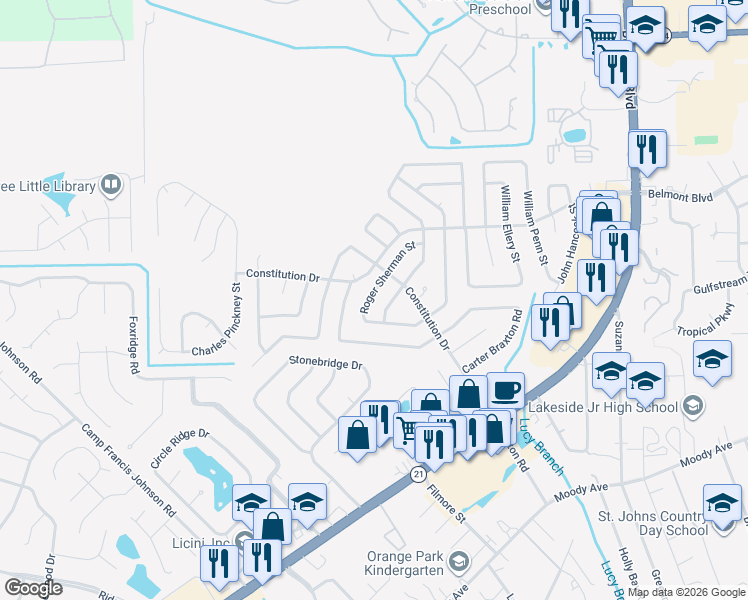 map of restaurants, bars, coffee shops, grocery stores, and more near 670 Roger Sherman Street in Orange Park