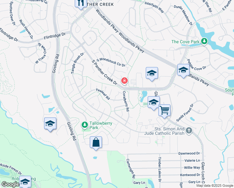 map of restaurants, bars, coffee shops, grocery stores, and more near 7 Fiddleleaf Court in Spring