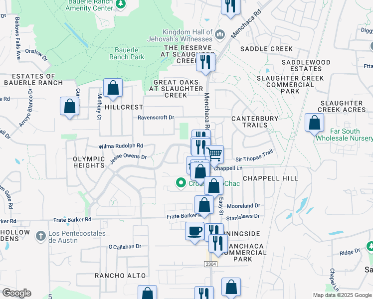 map of restaurants, bars, coffee shops, grocery stores, and more near 1801 Marcus Abrams Boulevard in Austin