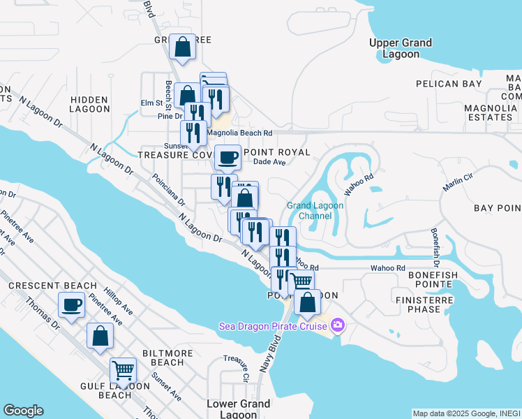 map of restaurants, bars, coffee shops, grocery stores, and more near 2909 Thomas Drive in Panama City Beach