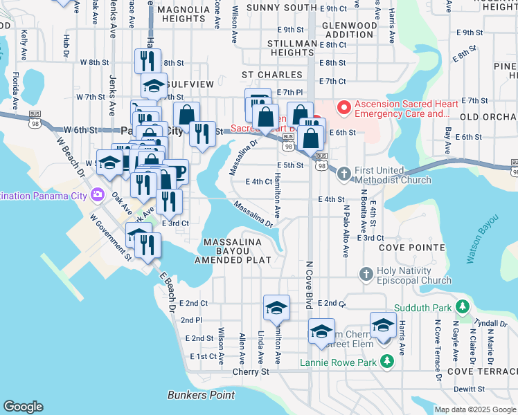 map of restaurants, bars, coffee shops, grocery stores, and more near East Massalina Drive East in Panama City