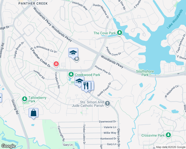 map of restaurants, bars, coffee shops, grocery stores, and more near 28 Tangle Brush Drive in Spring