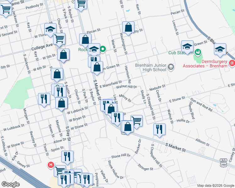 map of restaurants, bars, coffee shops, grocery stores, and more near 503 Milroy Drive in Brenham