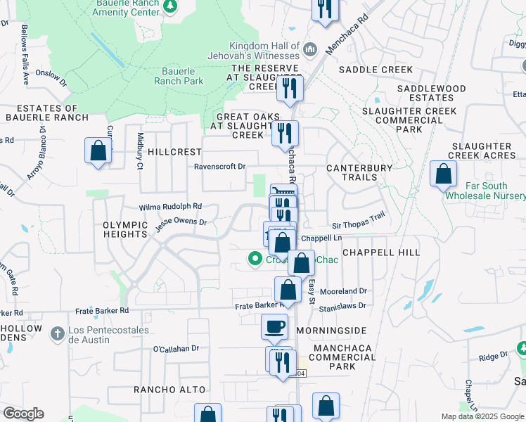 map of restaurants, bars, coffee shops, grocery stores, and more near 1801 Marcus Abrams Boulevard in Austin