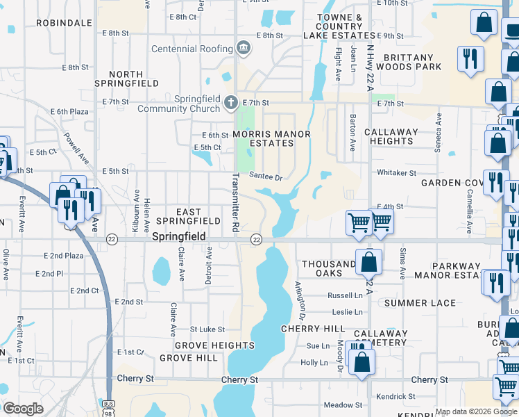 map of restaurants, bars, coffee shops, grocery stores, and more near 109 Martin Lake Drive in Panama City
