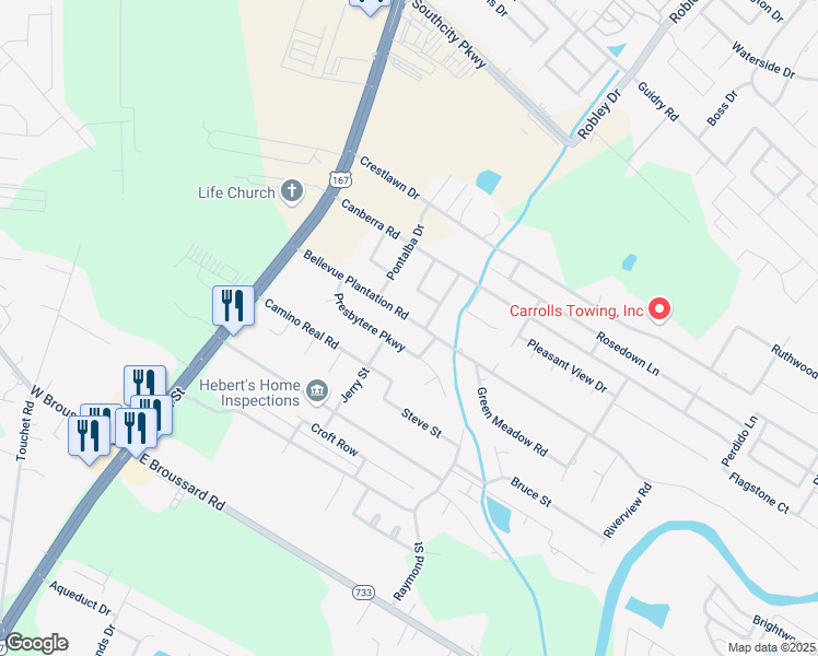 map of restaurants, bars, coffee shops, grocery stores, and more near 301 Presbytere Parkway in Lafayette