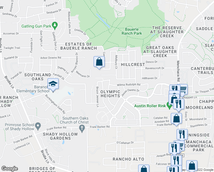 map of restaurants, bars, coffee shops, grocery stores, and more near 11504 Georgia Coleman Bend in Austin