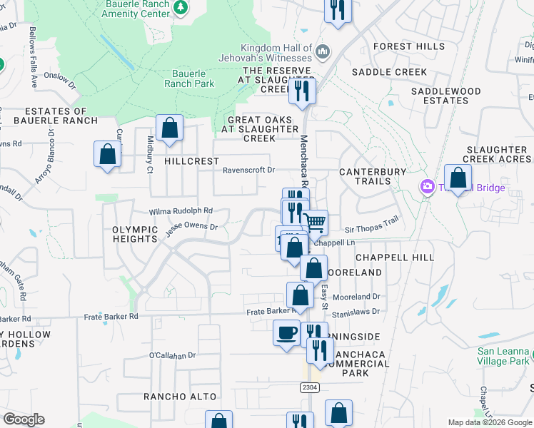 map of restaurants, bars, coffee shops, grocery stores, and more near 11404 Eddie Egan Lane in Austin