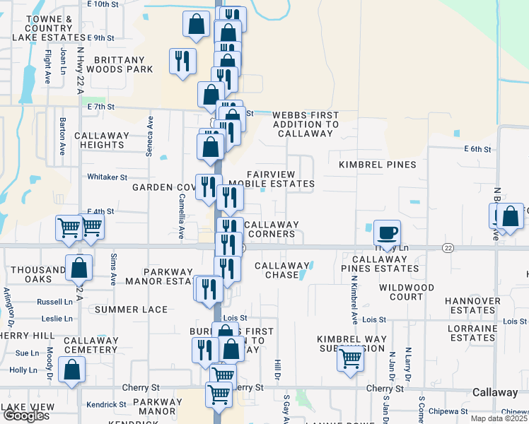 map of restaurants, bars, coffee shops, grocery stores, and more near in Callaway