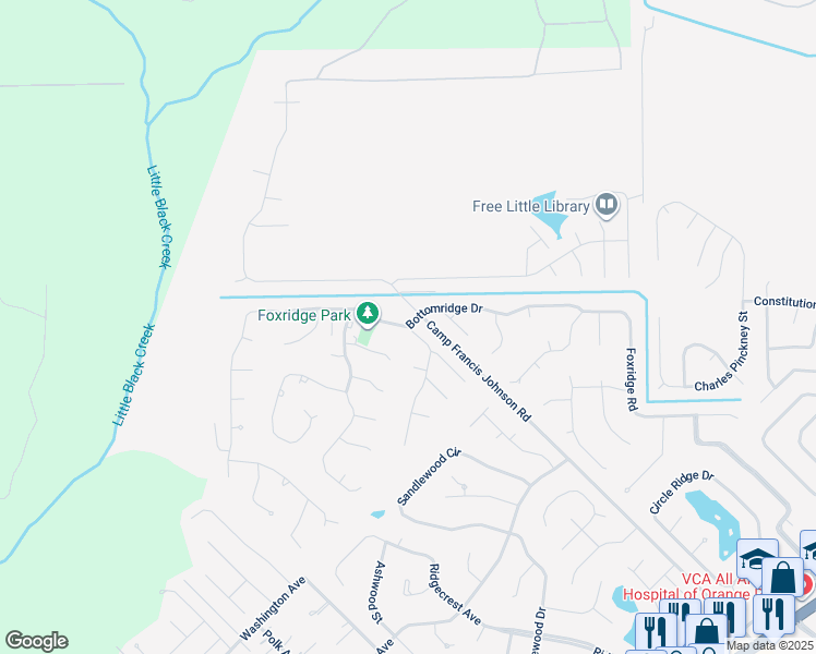 map of restaurants, bars, coffee shops, grocery stores, and more near 2586 Bottomridge Drive in Orange Park