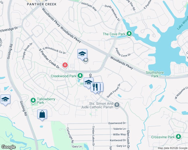 map of restaurants, bars, coffee shops, grocery stores, and more near 5 Cape Chestnut Drive in Spring