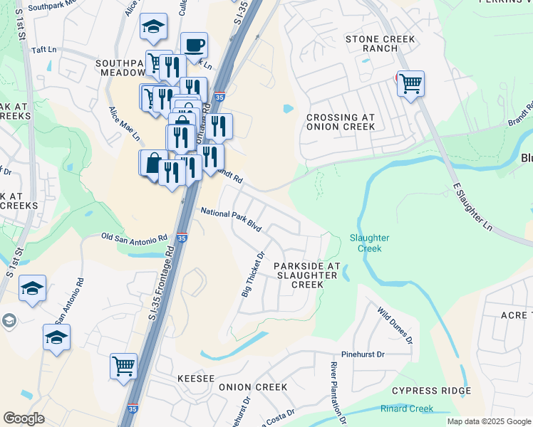 map of restaurants, bars, coffee shops, grocery stores, and more near 10009 Mount Rainier Drive in Austin
