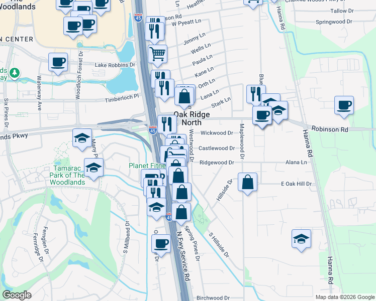 map of restaurants, bars, coffee shops, grocery stores, and more near 26907 Westwood Drive in Spring