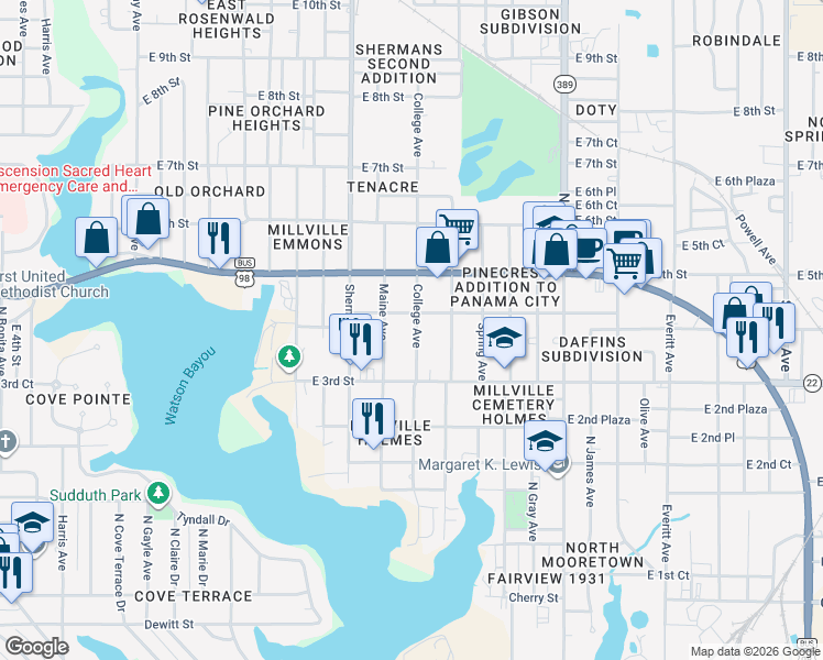 map of restaurants, bars, coffee shops, grocery stores, and more near 343 College Avenue in Panama City