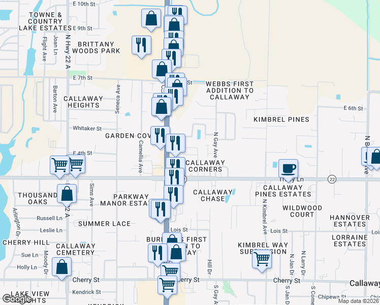 map of restaurants, bars, coffee shops, grocery stores, and more near in Callaway
