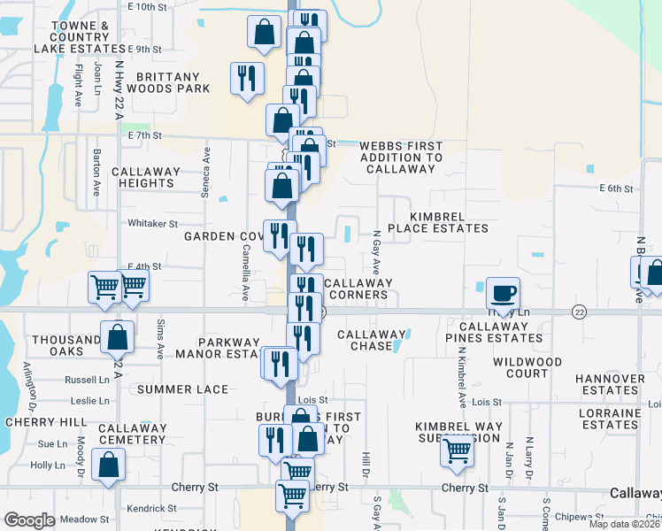 map of restaurants, bars, coffee shops, grocery stores, and more near in Callaway