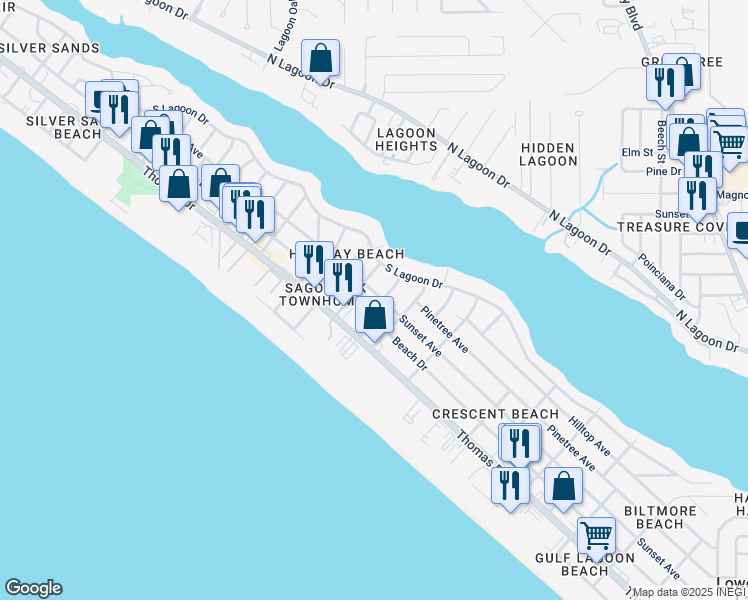 map of restaurants, bars, coffee shops, grocery stores, and more near 6605 Sunset Avenue in Panama City