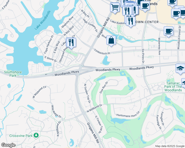 map of restaurants, bars, coffee shops, grocery stores, and more near 18 North Timber Top Drive in Spring