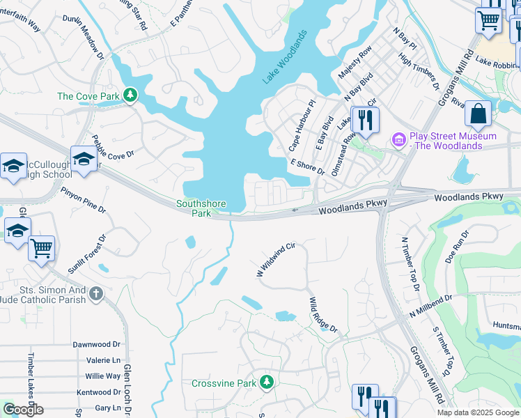 map of restaurants, bars, coffee shops, grocery stores, and more near 151 Low Country Lane in The Woodlands