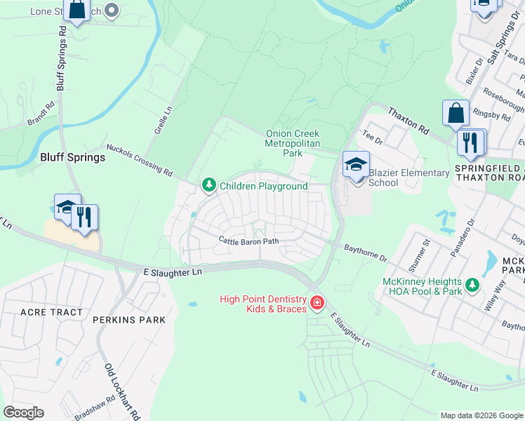 map of restaurants, bars, coffee shops, grocery stores, and more near 5512 Baythorne Drive in Austin