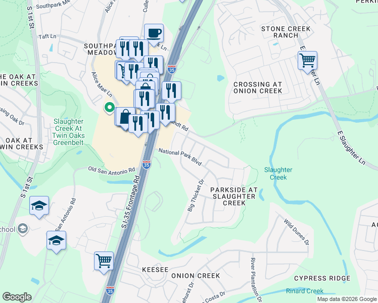 map of restaurants, bars, coffee shops, grocery stores, and more near 10101 Anahuac Trail in Austin