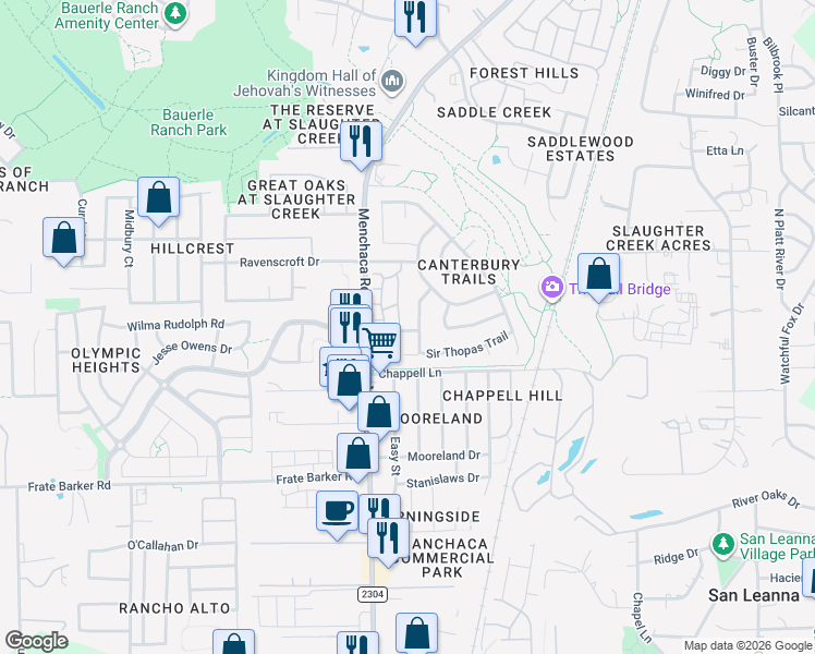 map of restaurants, bars, coffee shops, grocery stores, and more near 11304 Pardoners Tale Lane in Austin