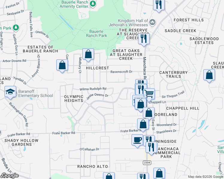 map of restaurants, bars, coffee shops, grocery stores, and more near 2200 Marcus Abrams Boulevard in Austin
