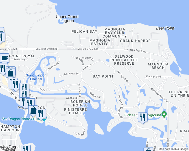 map of restaurants, bars, coffee shops, grocery stores, and more near 909 Cobia Drive in Panama City