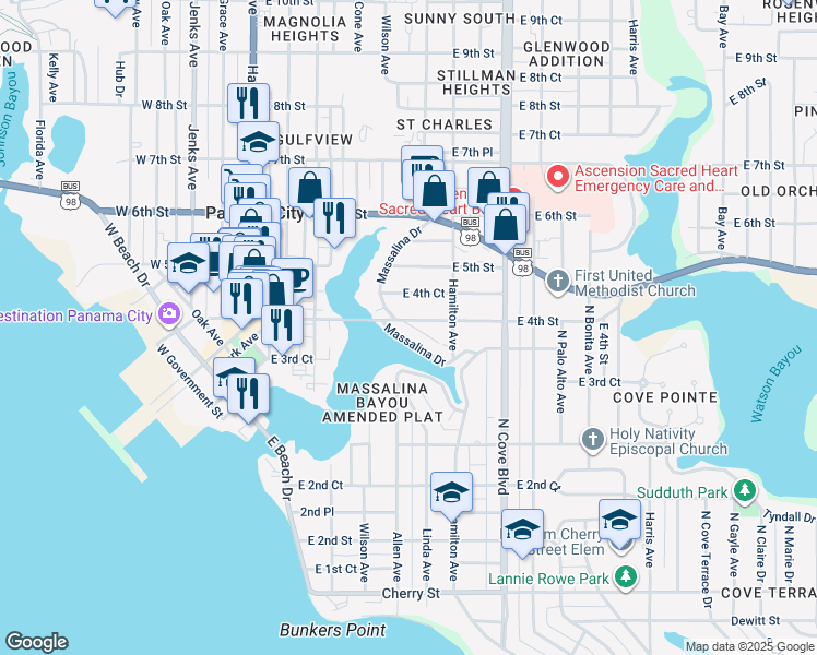 map of restaurants, bars, coffee shops, grocery stores, and more near 374 Massalina Drive in Panama City