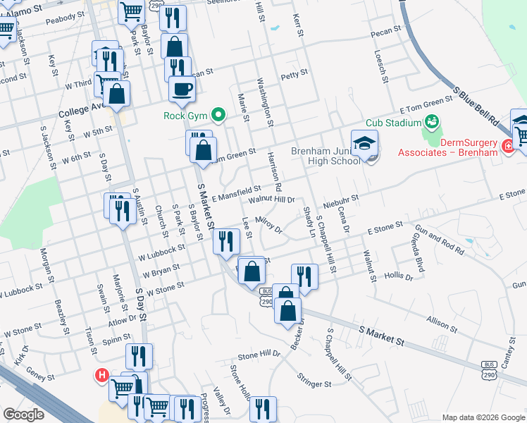 map of restaurants, bars, coffee shops, grocery stores, and more near 503 Milroy Drive in Brenham