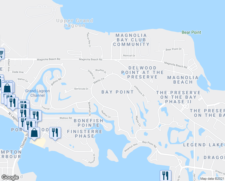 map of restaurants, bars, coffee shops, grocery stores, and more near 915 Cobia Drive in Panama City Beach