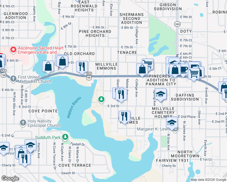 map of restaurants, bars, coffee shops, grocery stores, and more near 1951 East 4th Street in Panama City