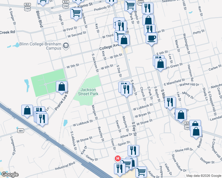map of restaurants, bars, coffee shops, grocery stores, and more near 509 West Val Verde Street in Brenham