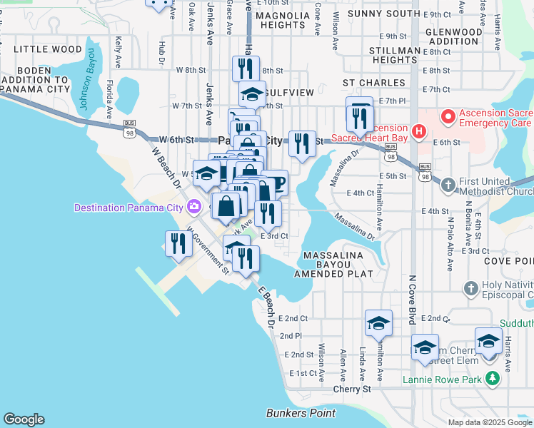map of restaurants, bars, coffee shops, grocery stores, and more near 319 Magnolia Avenue in Panama City