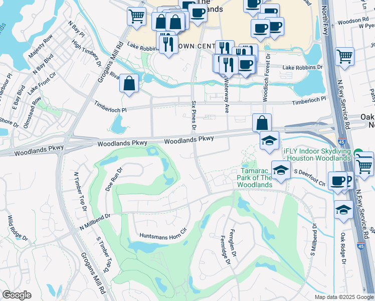 map of restaurants, bars, coffee shops, grocery stores, and more near 1733 Woodstead Court in The Woodlands