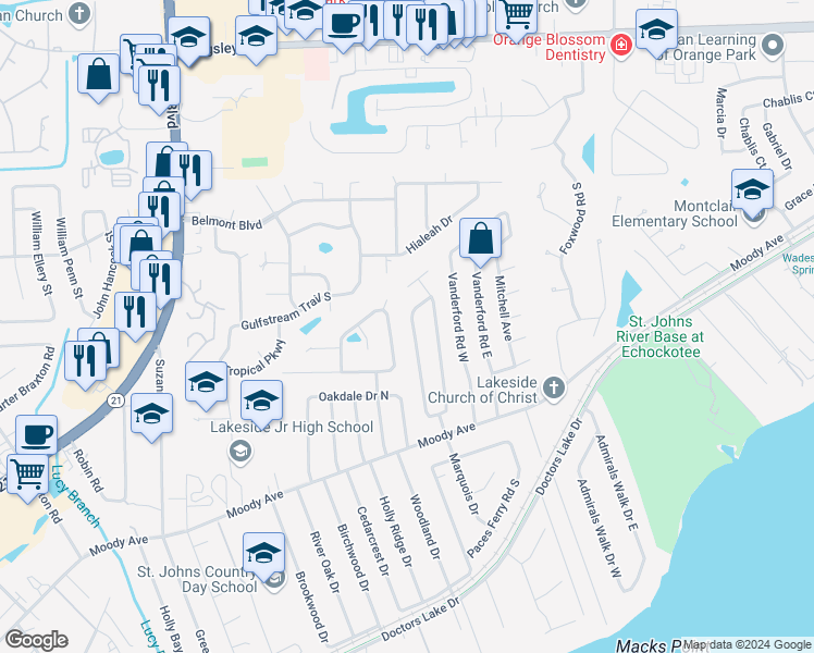 map of restaurants, bars, coffee shops, grocery stores, and more near 3612 Red Oak Circle West in Orange Park
