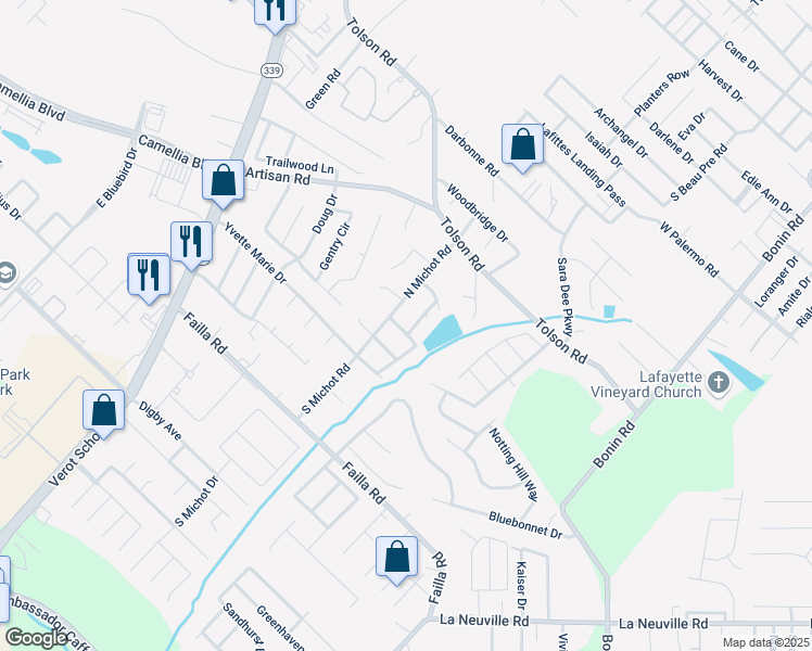 map of restaurants, bars, coffee shops, grocery stores, and more near 104 Billy Lou Drive in Lafayette