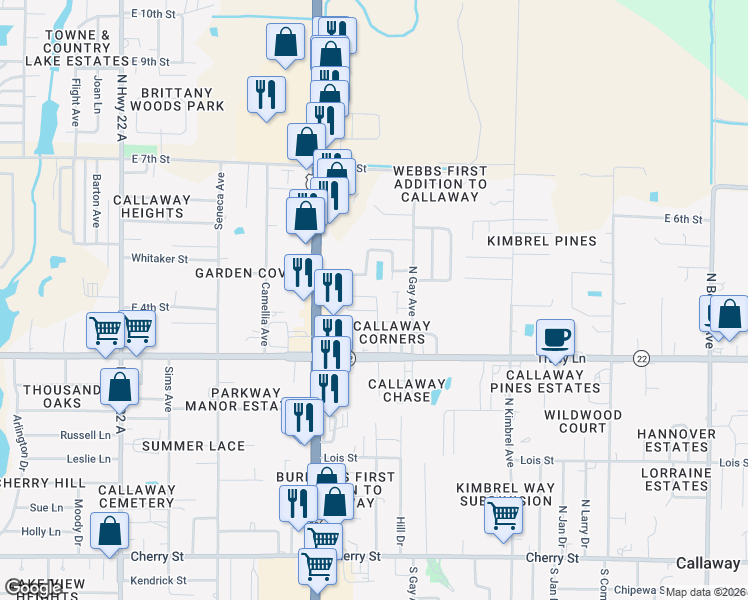 map of restaurants, bars, coffee shops, grocery stores, and more near in Callaway