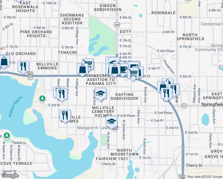 map of restaurants, bars, coffee shops, grocery stores, and more near 326 North Gray Avenue in Panama City