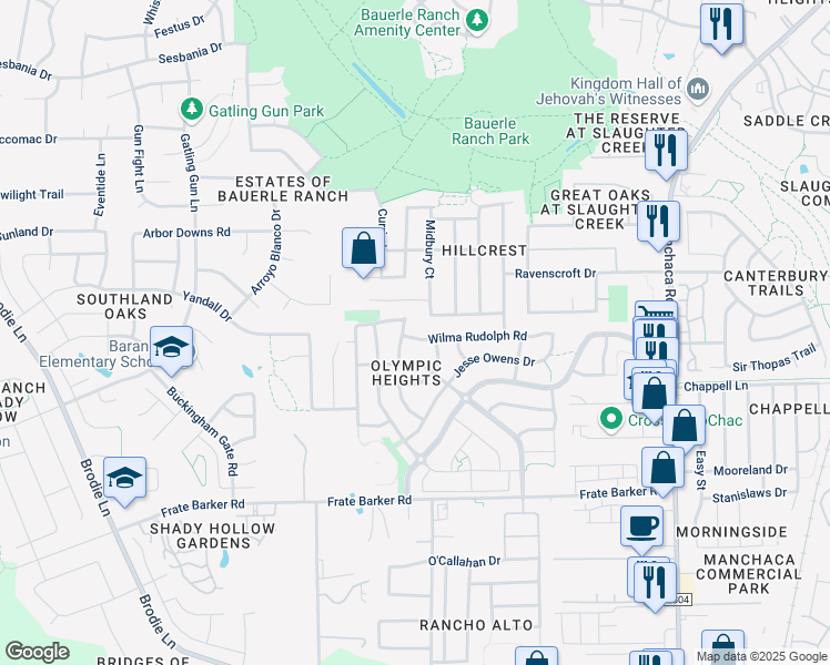 map of restaurants, bars, coffee shops, grocery stores, and more near 2510 Wilma Rudolph Road in Austin