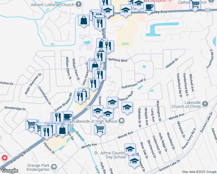 map of restaurants, bars, coffee shops, grocery stores, and more near 226 Kettering Court in Orange Park