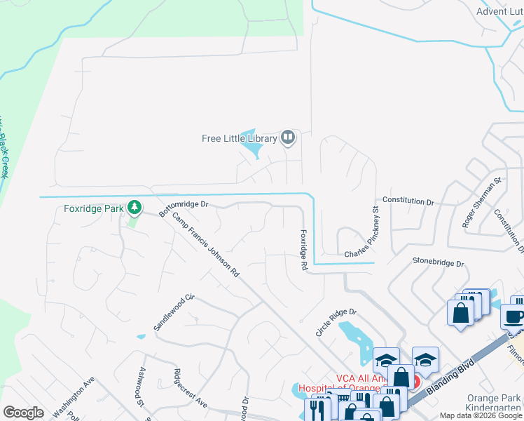 map of restaurants, bars, coffee shops, grocery stores, and more near 340 Foxridge Road in Orange Park