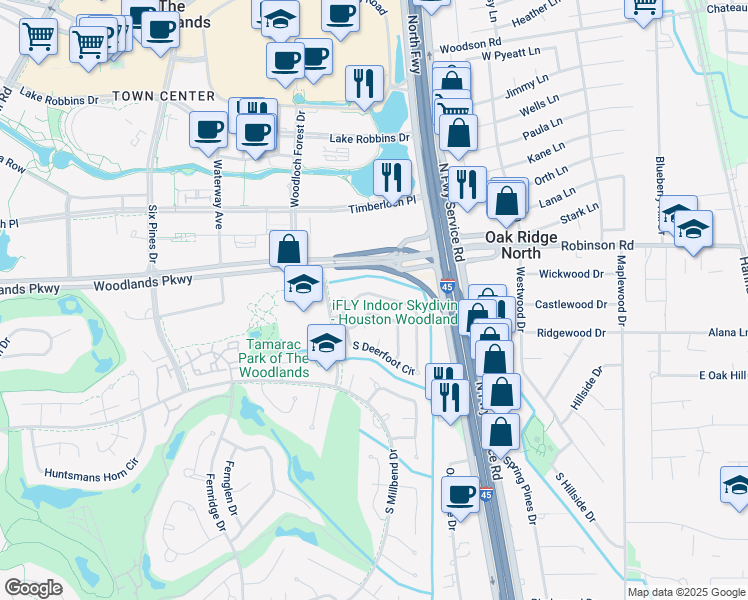 map of restaurants, bars, coffee shops, grocery stores, and more near 33 North Deerfoot Circle in Spring
