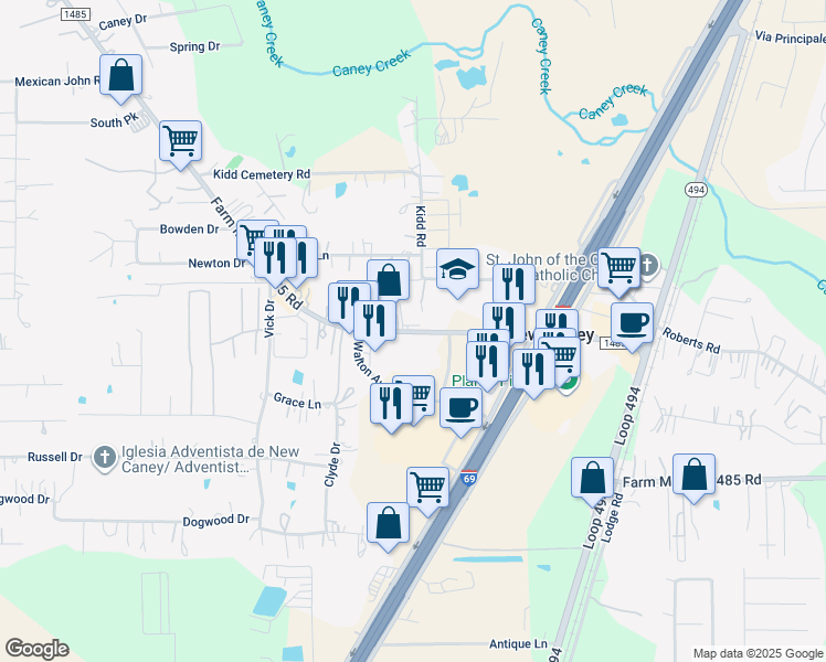 map of restaurants, bars, coffee shops, grocery stores, and more near Farm to Market Road 1314 in New Caney