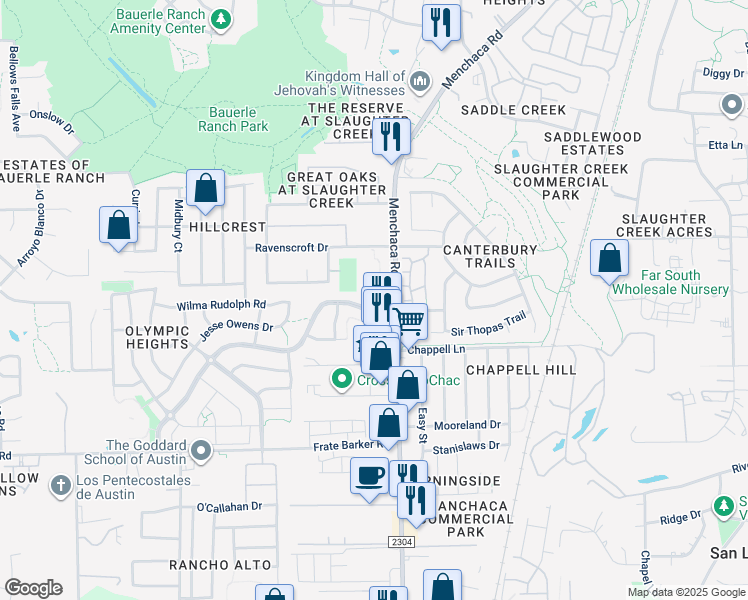 map of restaurants, bars, coffee shops, grocery stores, and more near 11330 Menchaca Road in Austin