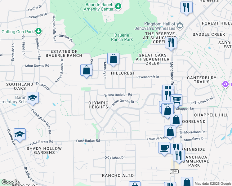map of restaurants, bars, coffee shops, grocery stores, and more near 2202 Jesse Owens Drive in Austin