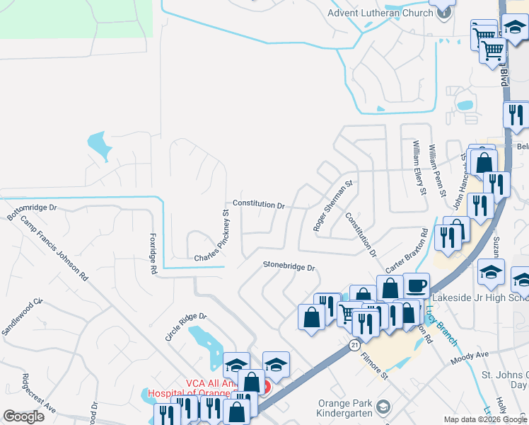 map of restaurants, bars, coffee shops, grocery stores, and more near 604 John Adams Street in Orange Park