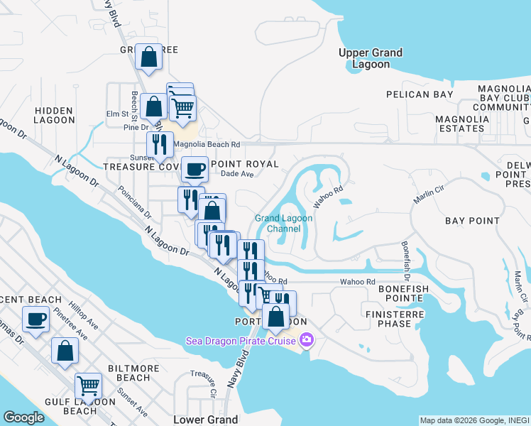 map of restaurants, bars, coffee shops, grocery stores, and more near 451 Wahoo Road in Panama City Beach