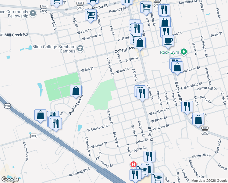 map of restaurants, bars, coffee shops, grocery stores, and more near 606 East Valverde Street in Brenham