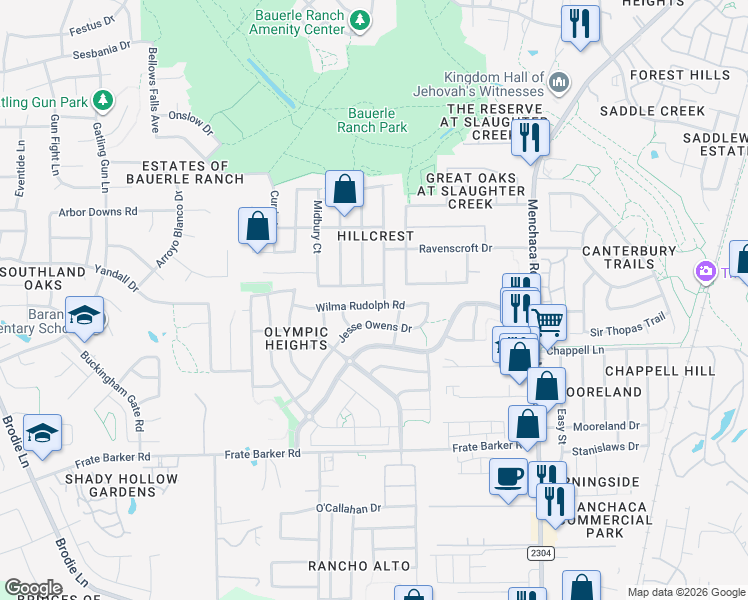 map of restaurants, bars, coffee shops, grocery stores, and more near 2202 Jesse Owens Drive in Austin